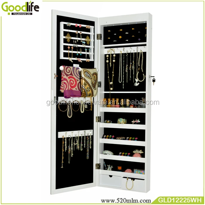 Goodlife top sale wall hanging jewelry armoire with mirror in white