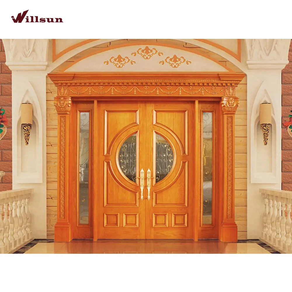 Indian Solid Timber Door Entry Model Teak Wood Panels Carved Main Front Double Door Design for House