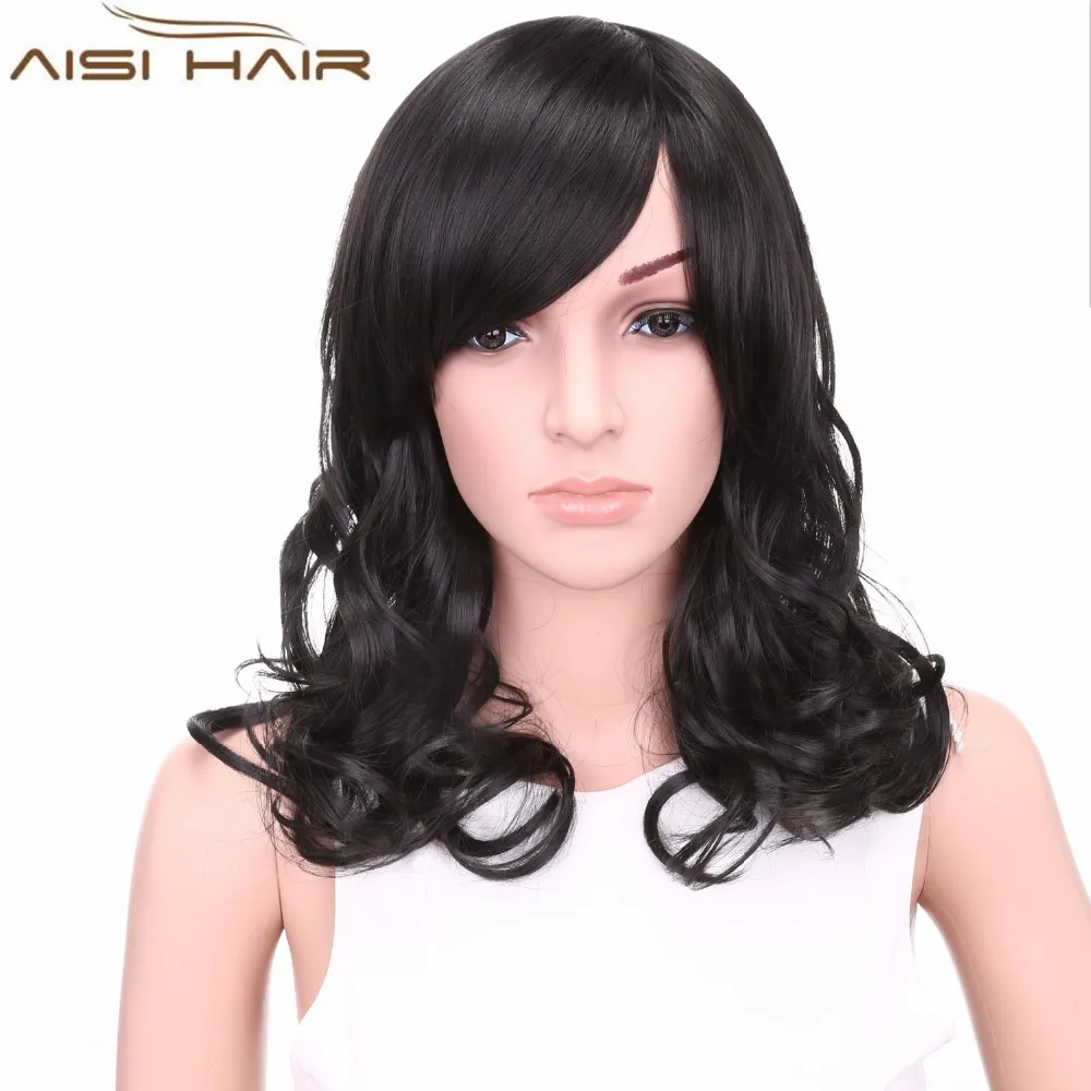 Medium Length Black Brown Color Synthetic Curly Wave Wigs Cheap
