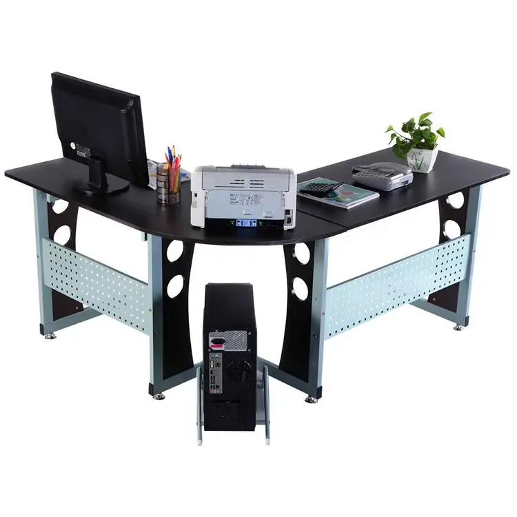 Office Corner L Shape Computer Desk of 10Mm Tempered Glass and Wooden Metal Frame