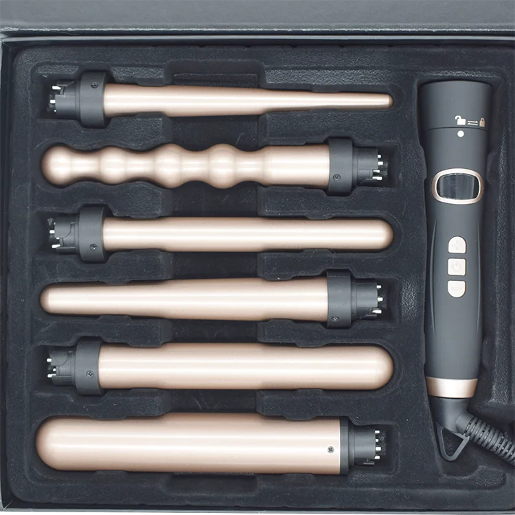 Professional Salon 6-in-1 Multifunction Interchangeable Hair Curling Wand Iron Electric Hot Curlers Automatic Rotating Household