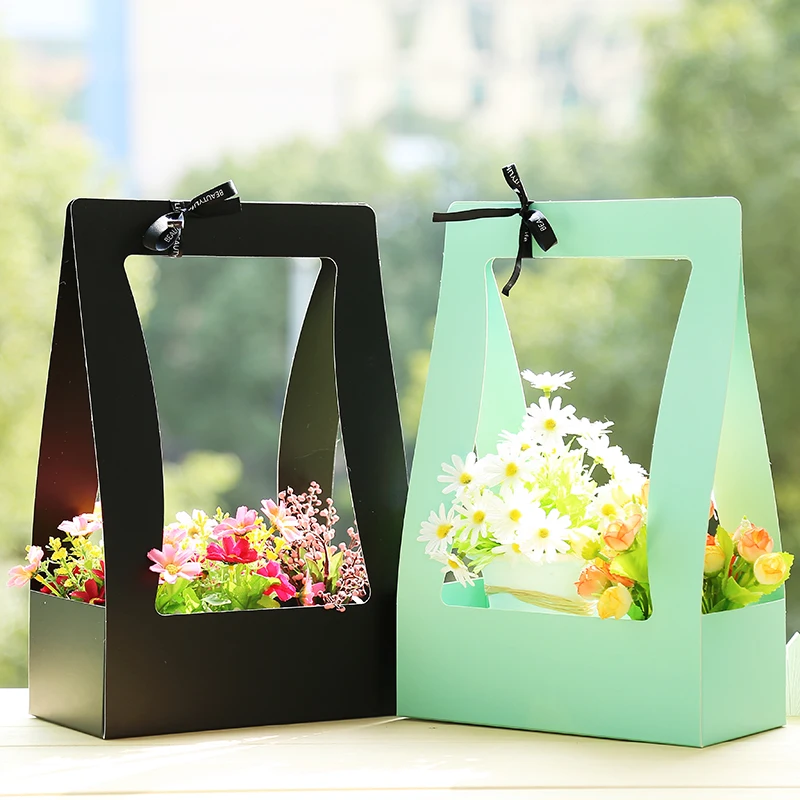 花篮子纸纸箱便携式鲜花包装盒防水花店新鲜花载体袋绿色黑色粉红色