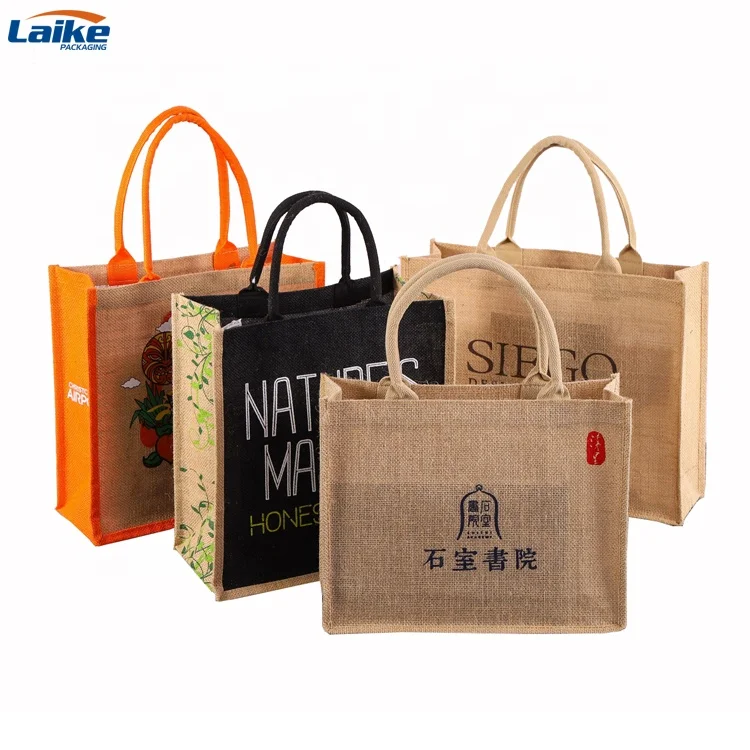 Cheap Promotional Natural Color Laminated Reusable Eco Shopping Jute Bag Tote Bags with Custom Printed logo