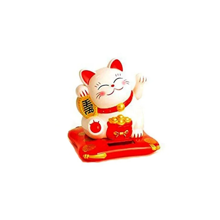 6 Inch Japanese Lucky Fortune Maneki Neko Cat White Waving Arm, Using Solar Powered