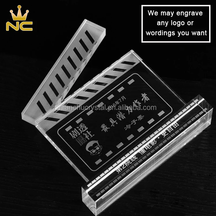 Slate Shaped Crystal Glass Clapperboard Trophy for Memorial Movie Plaques