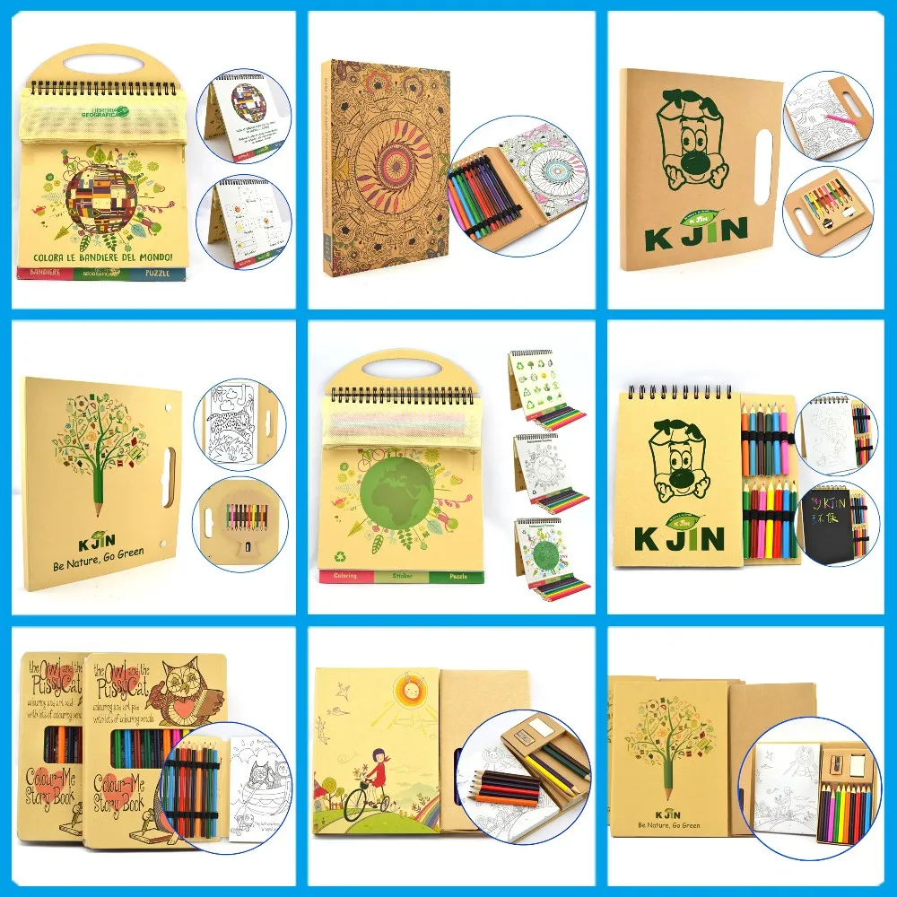 Eco friendly Kraft Customized Drawing Notebook with color pencil Coloring book for kids christmas gifts