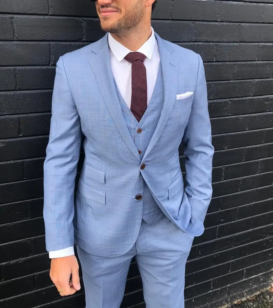 2019 Light Blue 3 Pieces Best Man Suit Notch Lapel Groomsman Men Wedding Tuxedos 