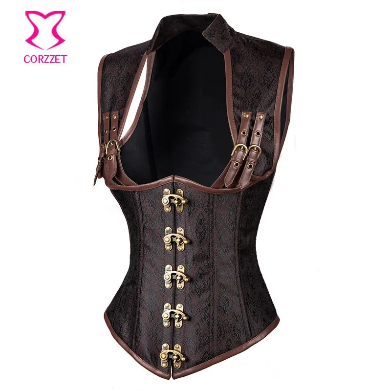 Black Brocade Collared Top Sexy Cupless Waist Trainer Vest Corset Gothic Waist Training Corsets 1543