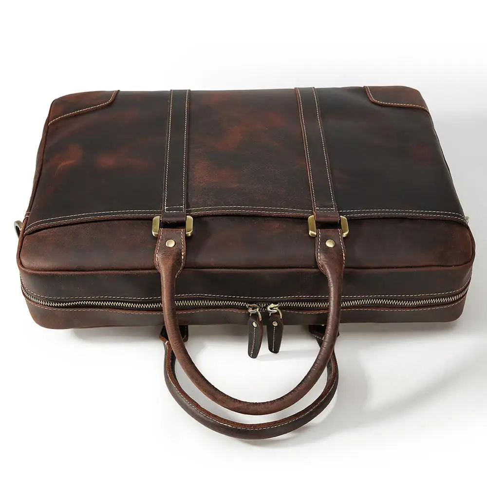 Vintage Crazy Horse Leather Men Briefcase Retro Genuine Leather 17 Inch Laptop Briefcase Bag