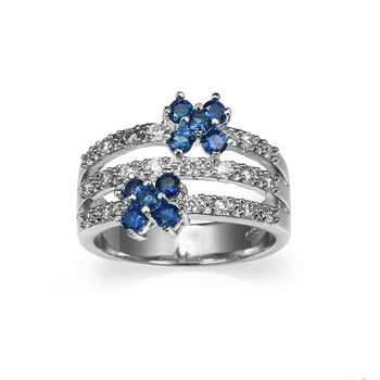 European Fashion 18k GP White Gold Plated Colorful Cubic Zirconia Ring 3 Layers Ruby Blue Sapphire Flowers Wedding Ring