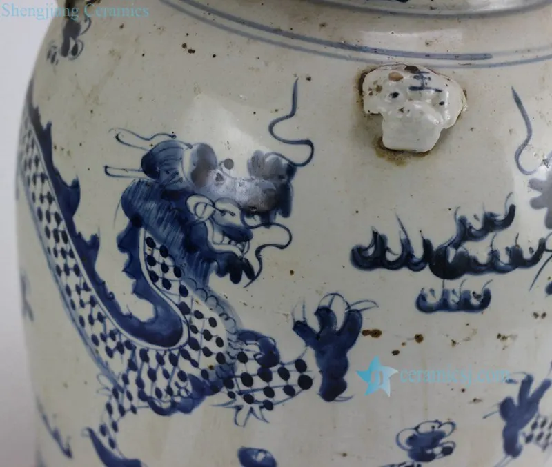 RZEY12 Series Antique Traditional Hand Painted Blue and White Dragon Ceramic Floor Vase with Lion Knob