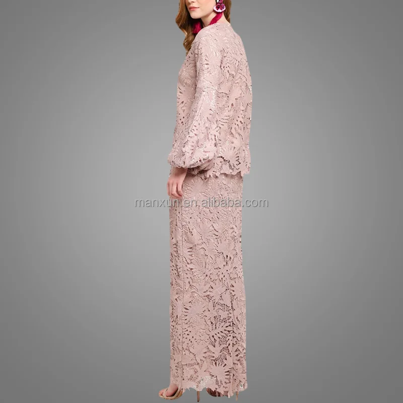Розовое кружево для женщин Baju Kurung Современная малайзийская мусульманская абайя женская одежда