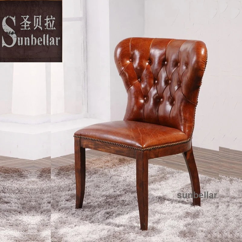 Wholesale Vintage Genuine Leather Distressed Brown Wooden Dining Chair Antique Brown Leather Chairs for Dining Room
