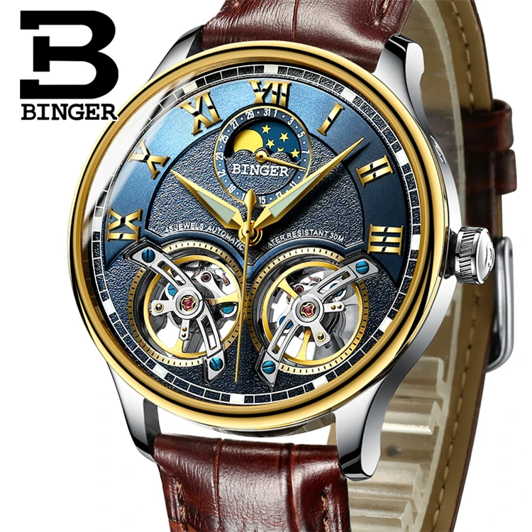 
 Часы BINGER 8606B Мужские автоматические, швейцарские механические наручные, с двойным турбийоном, с автоподзаводом, с кожаным ремешком, L  
