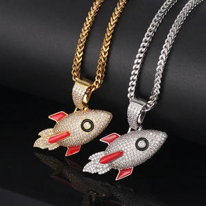 Hip Hop Style Iced Out Pendant Necklace with Rocket Pattern Design Gold Plated Brass Zircon Stone Main Material Brass