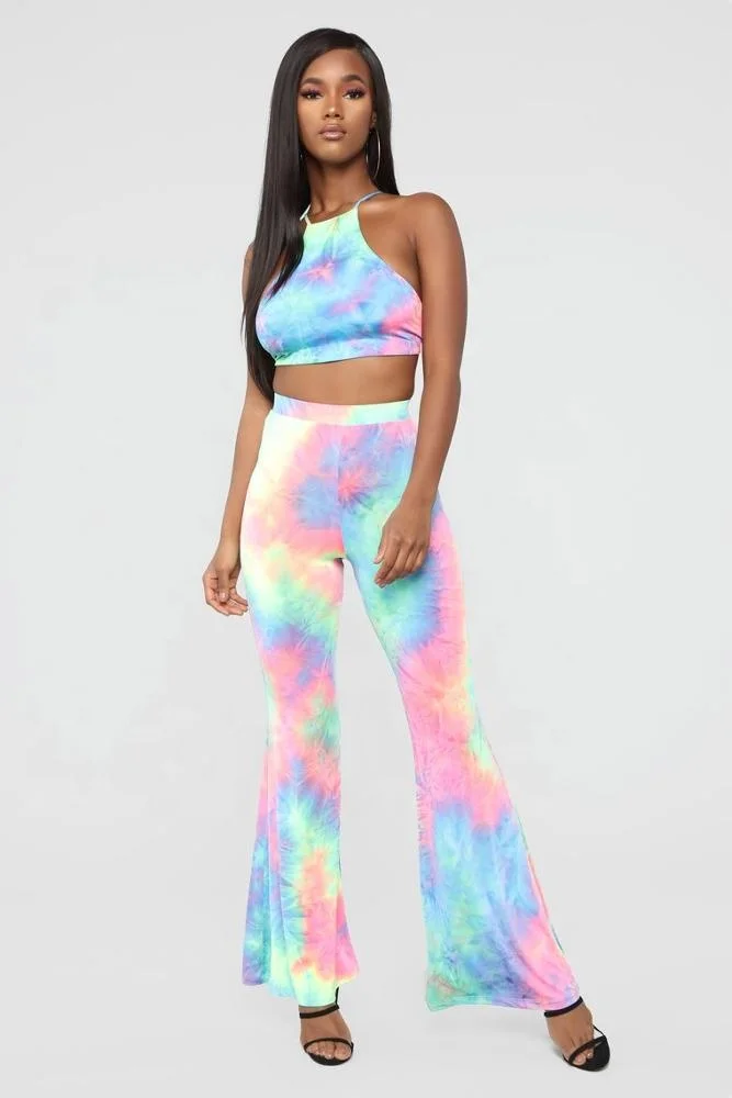 KY Sexy Tie Dye Halter Crop Top Lace-Up Tie Back Flare Pants High