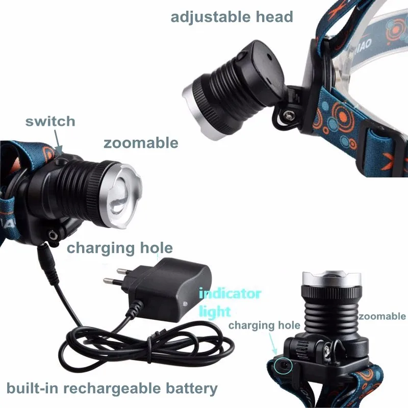 Zoom Rechargeable Headlamp LED Coon Hunting Headlight with Green Light