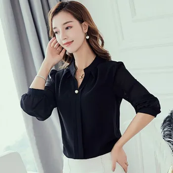 YSMARKET Black White Red Women Tops And Blouses Stand Chiffon Office Femme Shirts Long Sleeve Fashion Loose Top Elegant Workwear