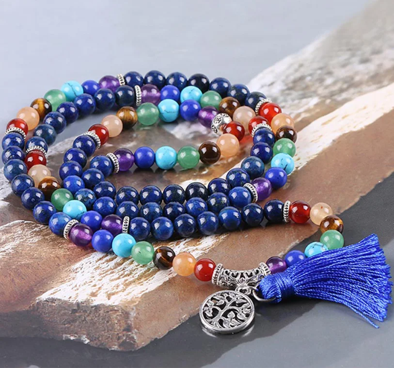 Tiger Ebony Wood with Full Chakra Mala high quality with Crown Chakra Tassel | Meditation & Prayer Beads | Healing Jewelry