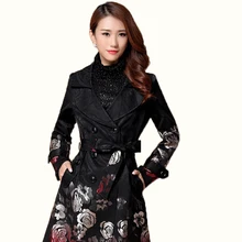 Long Trench Coat for Women 2016 Autumn Plus Size Double Breasted 3D Floral Embroidery Black Trench Coat Woman Windbreaker
