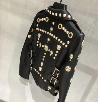 Spring Boutique Women Clothing Genuine Leather Coat Short Real Leather Coat Casual Motorcycle Punk Studded Leather Jacket Women