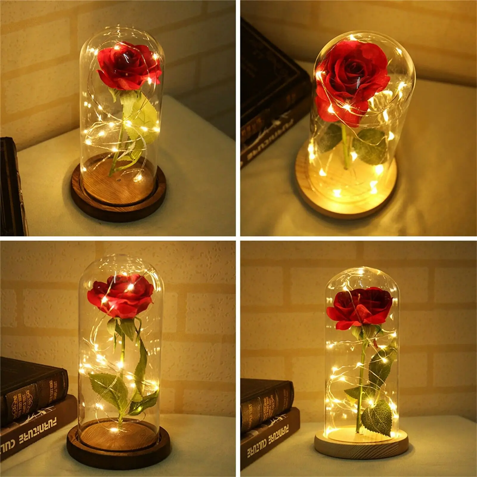 Romantic Valentine Gift Decor Glass Rose Bottle with Warm White LED String Light Night Lamp