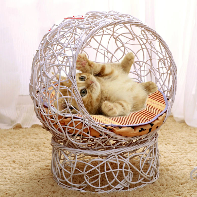 HUAHOO Pet Rattan Bed Four Seasons Comfortable Cat Dog House Washable Covered Modern Dog Cat Hedeaway Hut of Rarran House Pets in Dome Basket