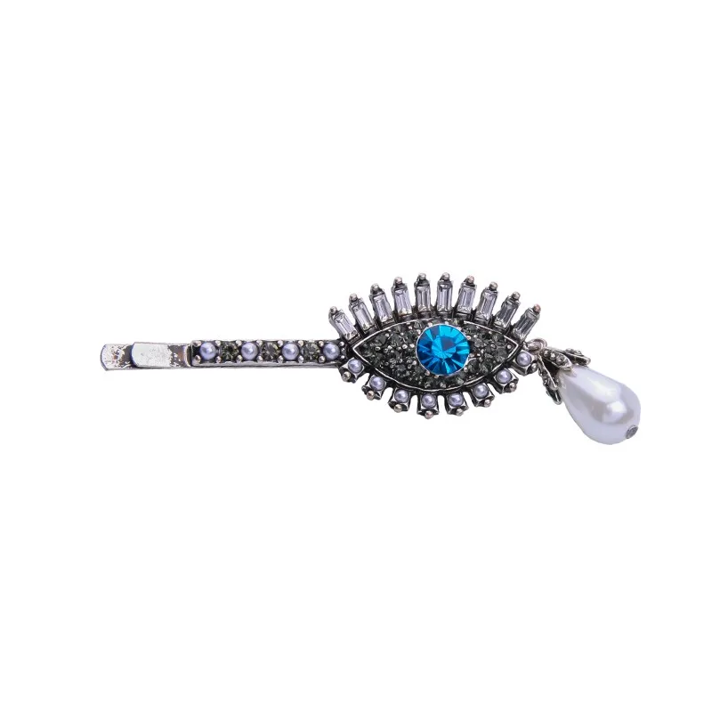 Rhinestone Blue Eye Hairwear Antique Silver Plated Acrylic Pearl Hair Jewelry