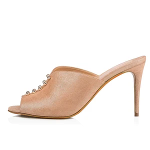 2018 Summer Studs Studded Black Nude Sexy Peep Toe Stiletto High Heel Slides for Women Party Evening