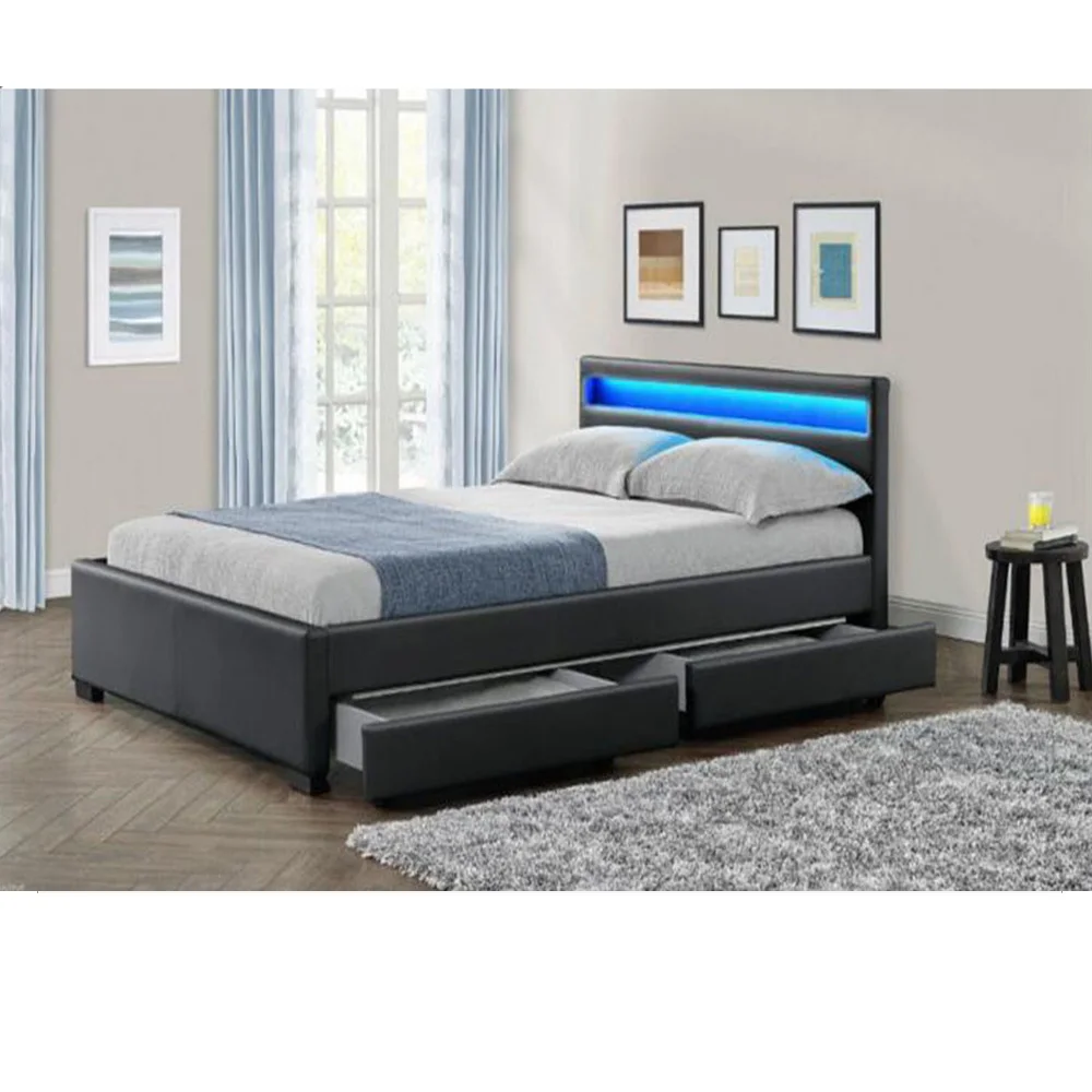 Latest Double Bed Design Led Leather Bed With Storage Wood Box ...