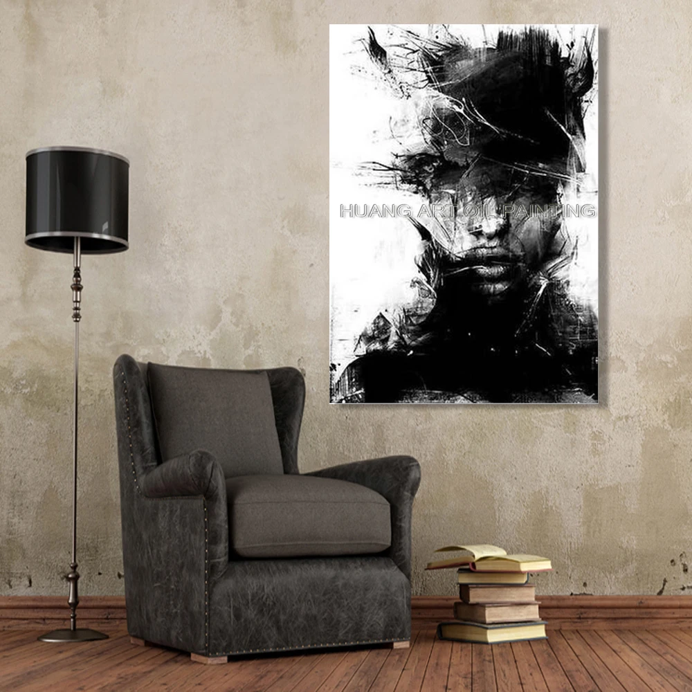 Custom-Size Modern Abstract Man Face Portrait Oil Painting Canvas Hand-Painted White Black Figure Wall Art for Living Room Decor