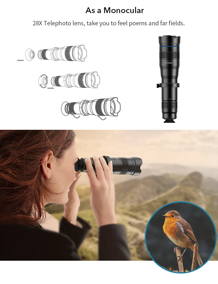 Apexel Universal 28X Mobile Phone Telescope Lens Telephoto HD Phone Lens Camera External Lens