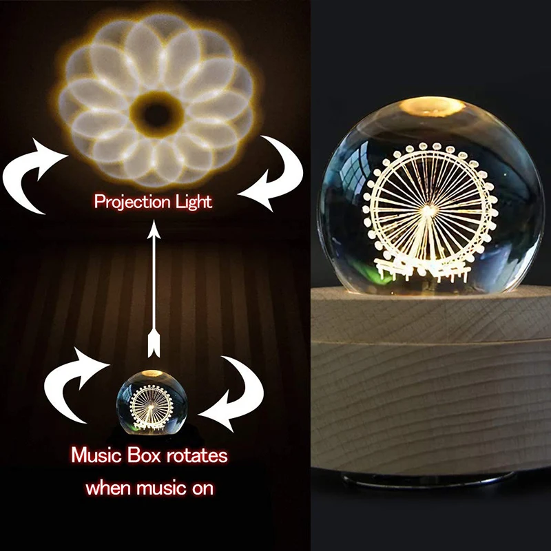 Романтическая 3D Музыкальная шкатулка с хрустальным шаром колесо обозрения светящаяся вращающаяся на деревянной основе со светодиодной