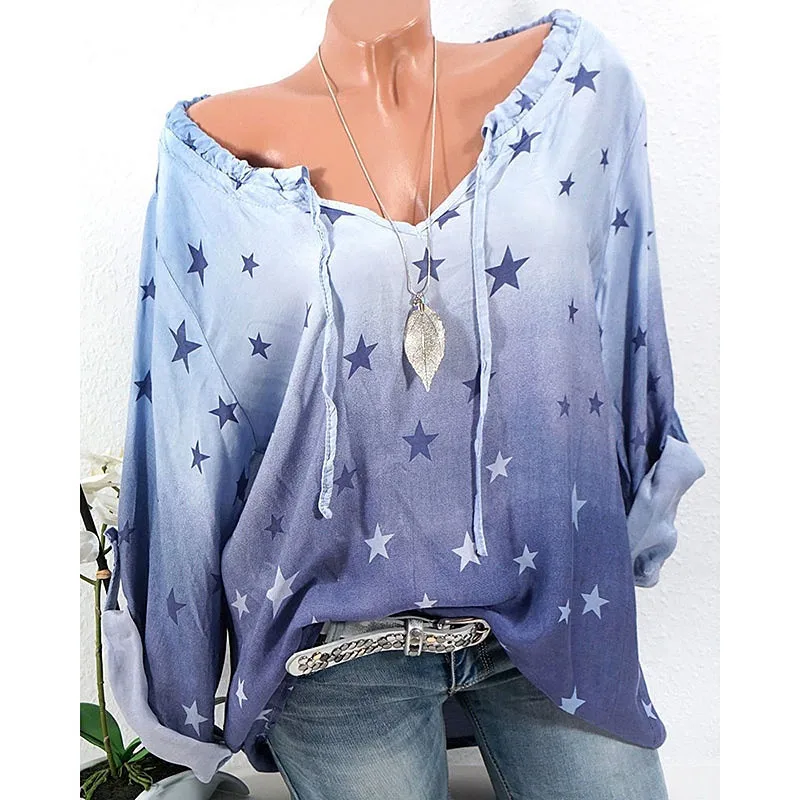 Plus Size Women Long Sleeve T Shirt Tops Ladies Loose Star Printed Casual Blouse