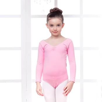 CL00154 Child Practice Pink front Pinched Long Sleeved Cotton Lycra ballet leotard for girls
