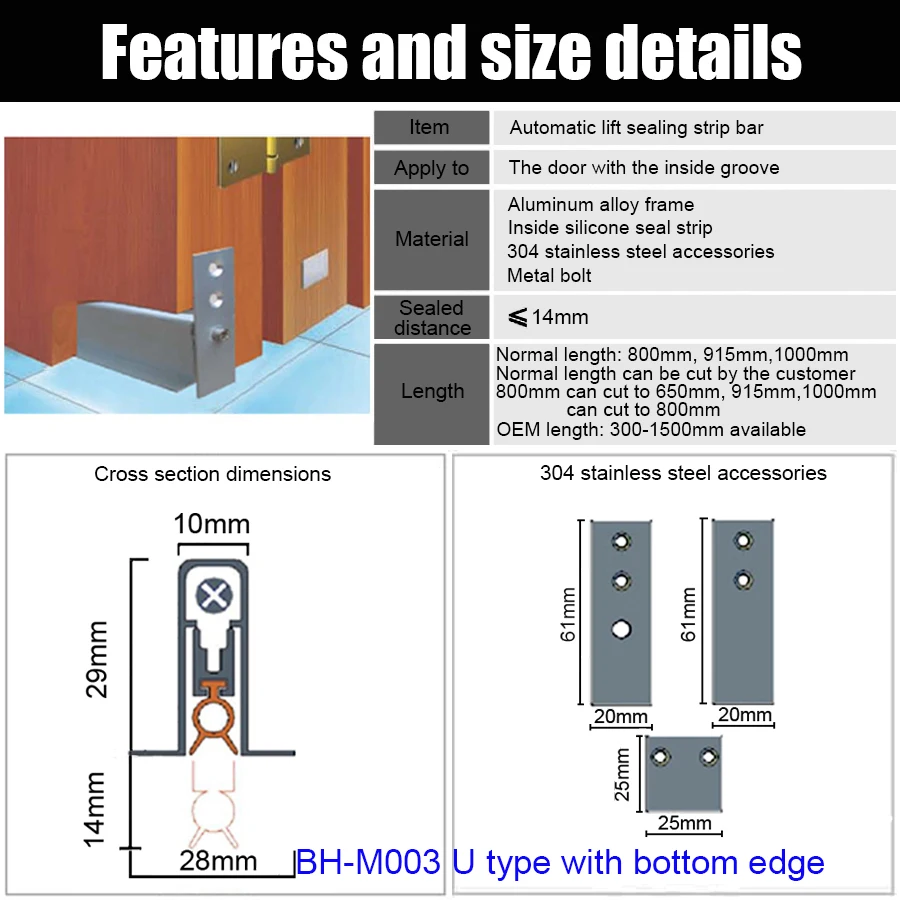 800mm Automatical Drop Down Door Bottom Seal Aluminium U Type Edge Hidden Groove Weatherstrip for Hotel Interior Wooden Door M03