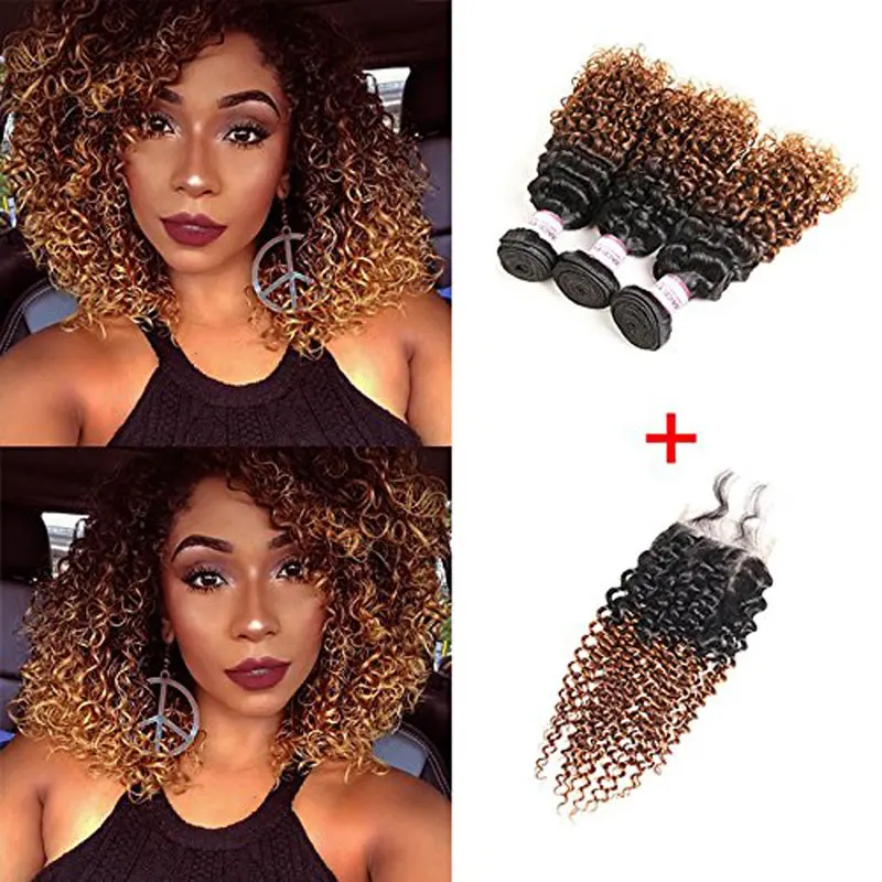 Unprocessed Two Tone Ombre 1b Brown Short Length Virgin Afro Kinky Curly Human Hair Weaves