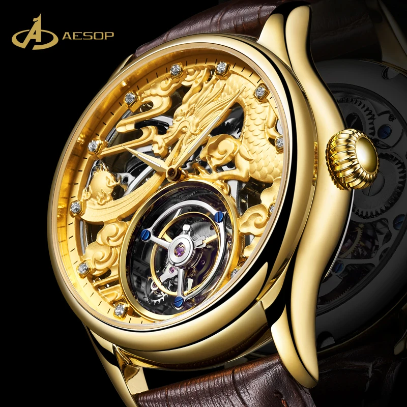 Aesop Factory Made Tourbillon Mechanical Watch Zodiac Dragon Waterproof Leather Tourbillon Mechanical Watch