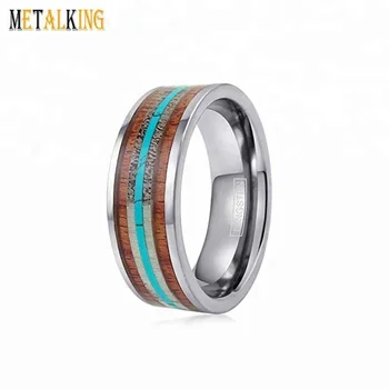8mm Tungsten Deer Antler Wedding Band Koa Wood And Turquoise Inlay Comfort Fit Men's Hunting Ring