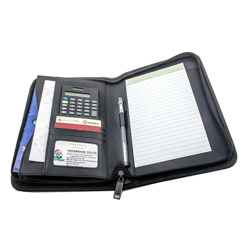 Портфель из искусственной кожи, деловая папка-портфель с калькулятором и блокнотом для письма, профессиональный портфель A4 на молнии