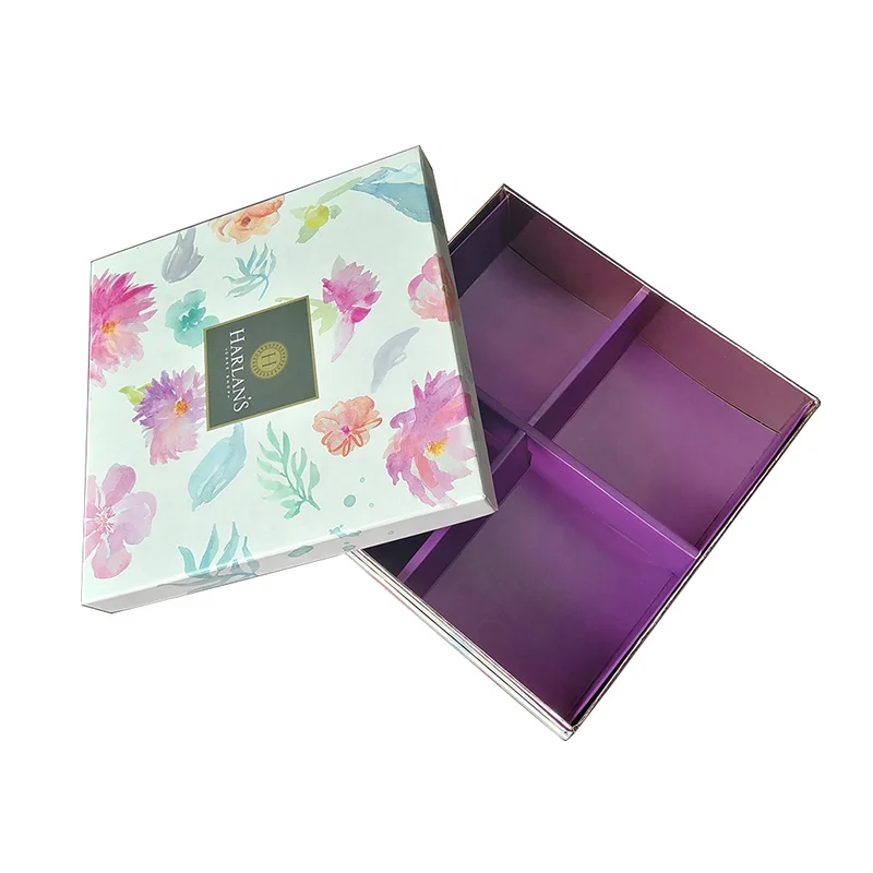 Custom square Lid and Base Paper Rigid Cardboard Box with Paper Dividers for Gift Packaging