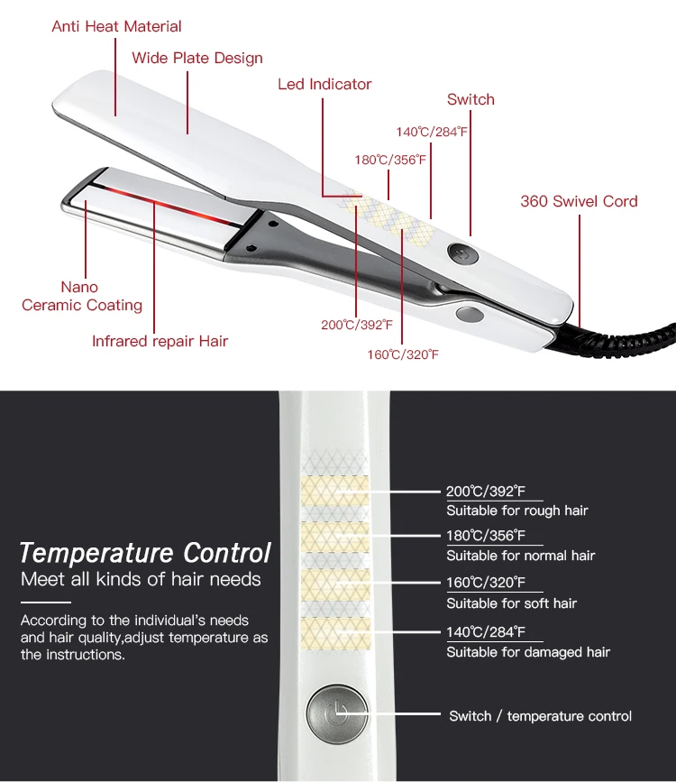 Плоский керамический Профессиональный ИК-выпрямитель для волос с нанотитановым