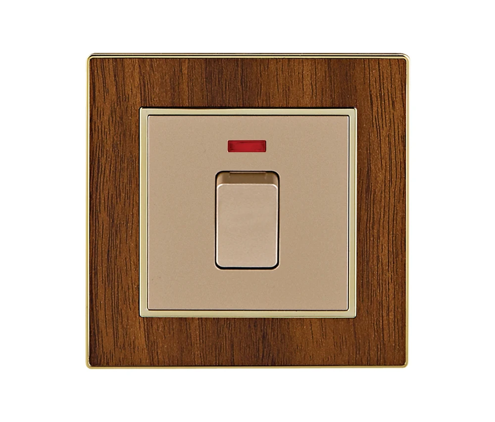 UK Standard Wood Grain Household Electrical Light 20A 1 Gang Double Pole Electric Water Heater Thermal Wall Switch for Indoor
