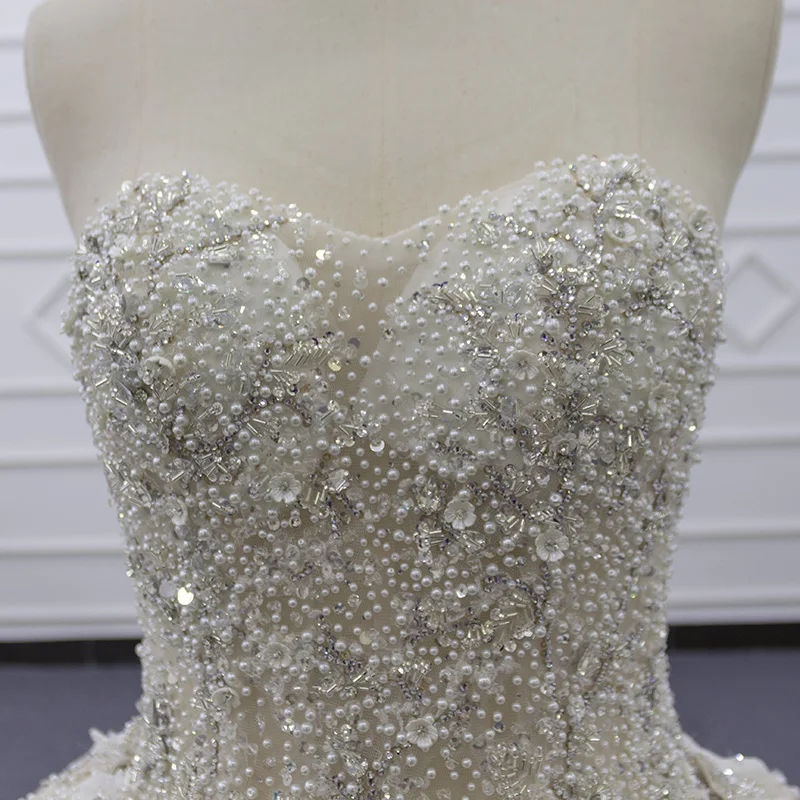 Eslieb LWY002 Real Photo New Style champagne Crystal Bead Chapel Train 3d Flower Lace Ball Gown Wedding Dress