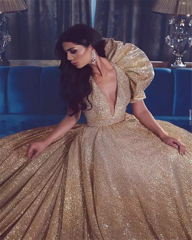 Gorgeous Shiny Wedding Dresses Yellow Sequin Ball Gown Bridal Dress Sexy  Ladies Gowns With Cathedral Train Brand Robe Mariage