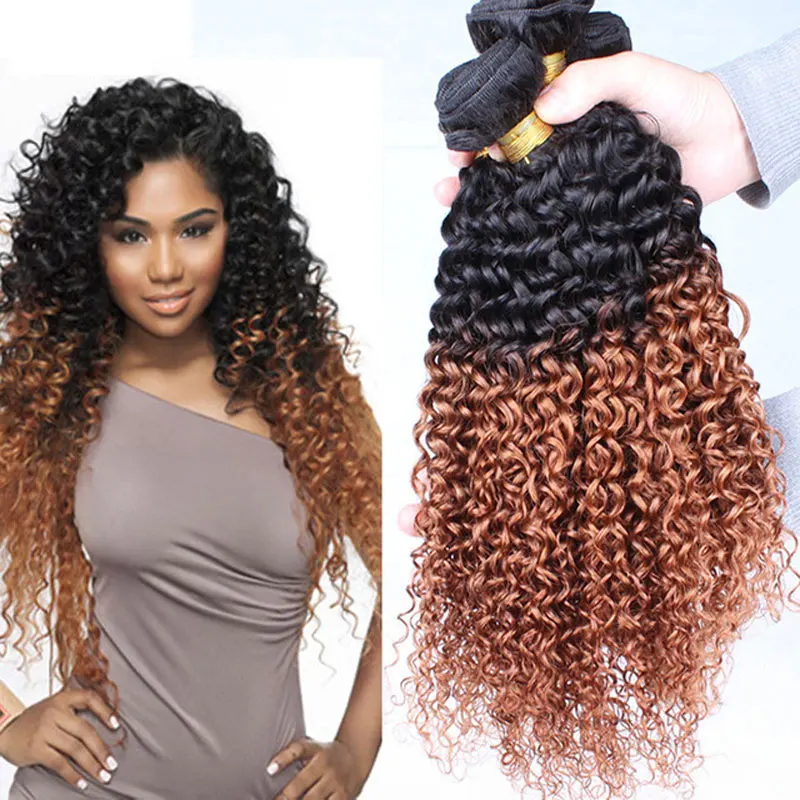 Unprocessed Two Tone Ombre 1b Brown Short Length Virgin Afro Kinky Curly Human Hair Weaves