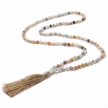 108 Mala Beads Matte Amazon Hand-knitted Tassel Natural Stone Necklace for Buddhist Prayer
