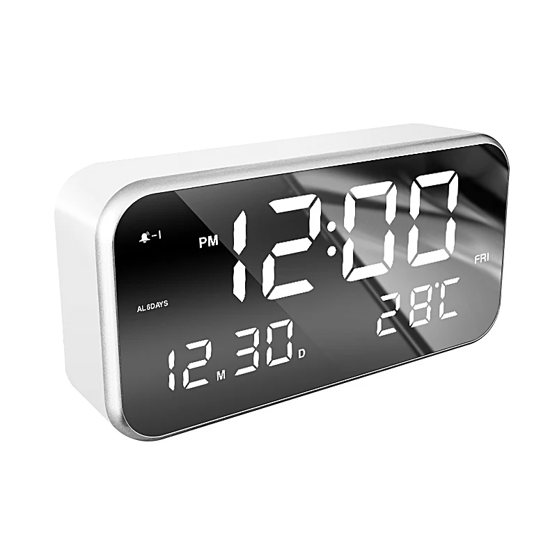 Large LED Alarm Clock Mirror Effect Music Clock 2018 Best Seller 3 Alarm Calendar Dim Light with  Temperature Display