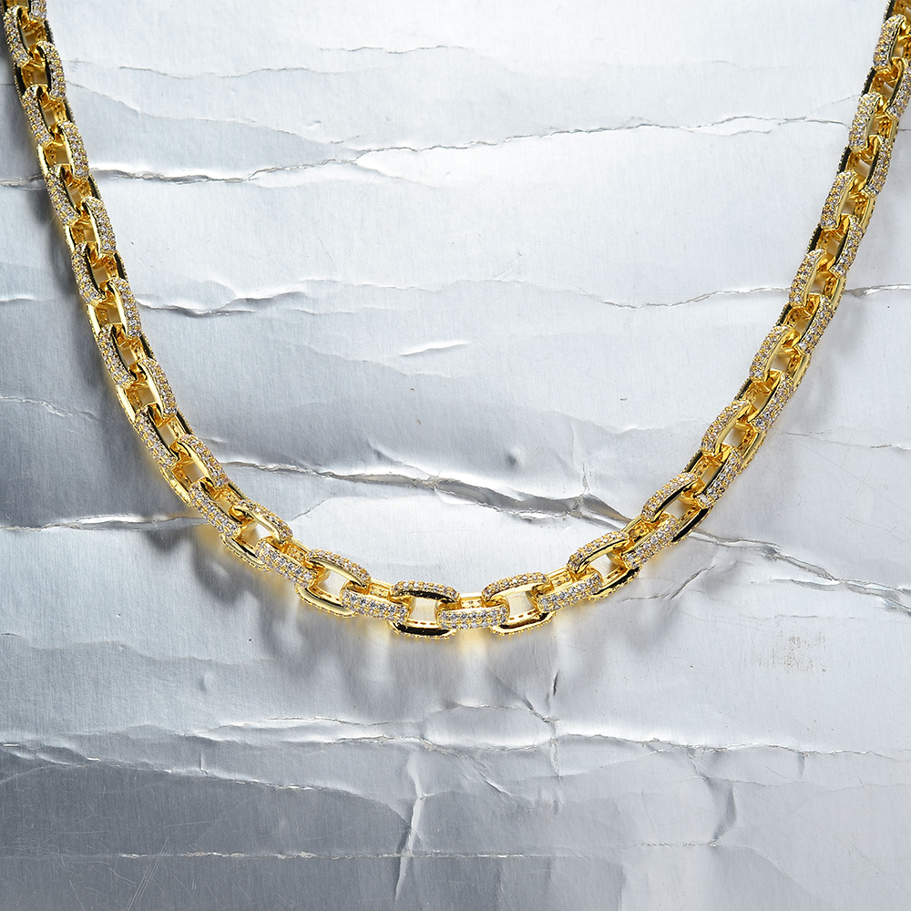 18K Gold Plated Hiphop Bling CZ Men's Rolo Chain Necklace Bulk Yellow Filled Iced out Jewelry for Weddings and Gifts
