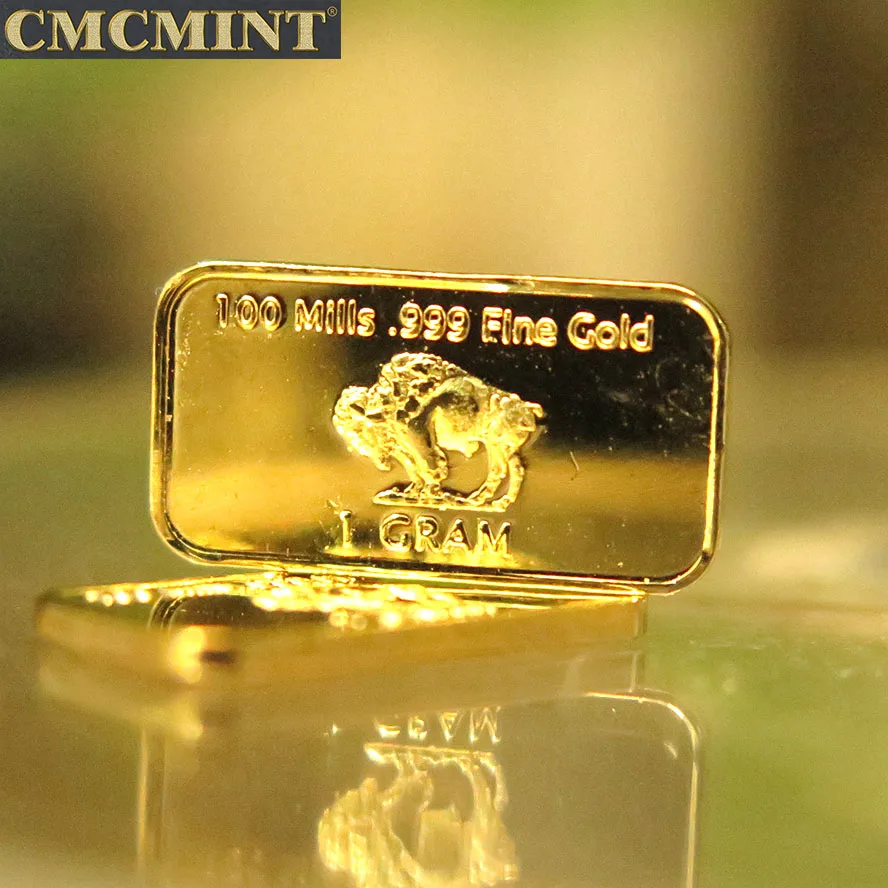 1 Gram .100 Mils Gold Plated Brass Buffalo Bars Clad Bullion With Plastic case Packing
